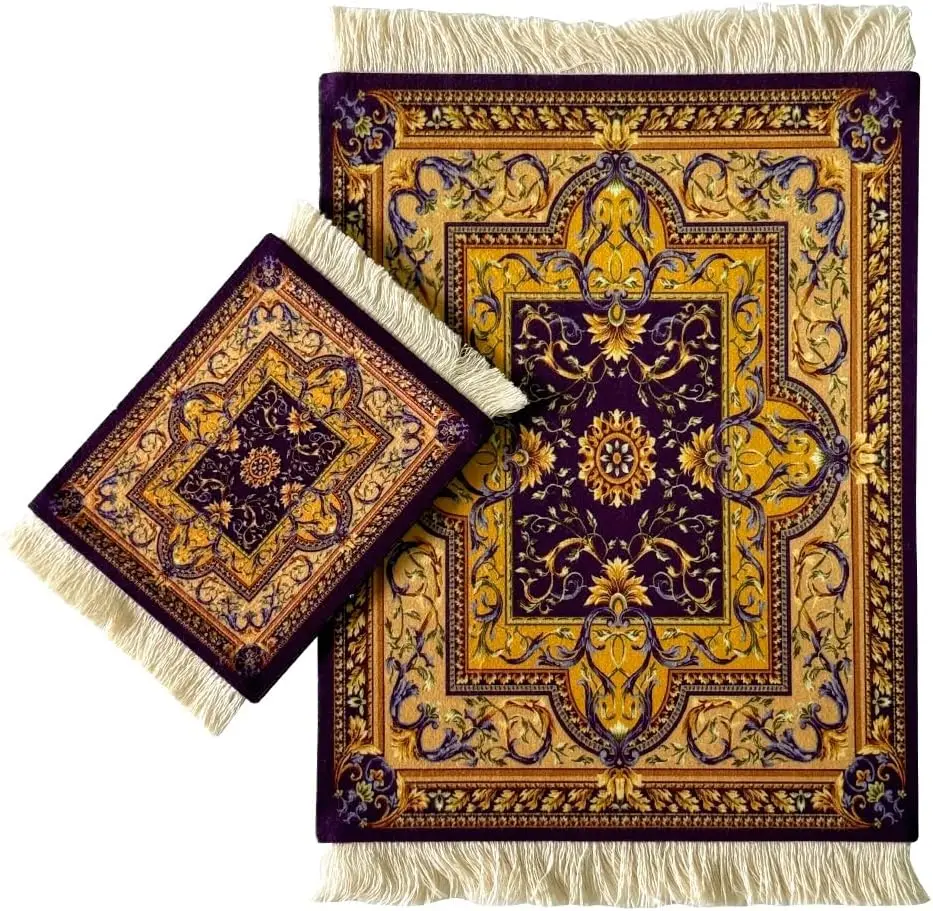 

Persian Rug Mouse Pad & Coaster Set – Vintage Oriental Flower Design, Bohemian Carpet Mousepad Home, Mini Desk Accessories