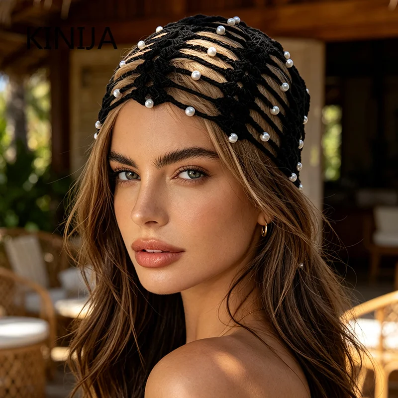 Baumwoll-Häkel-Perlenmütze für Damen im Bohemian-Stil, Atmungsaktive Netz-Bandana-Mütze, Koreanische Sommer-Strickmütze