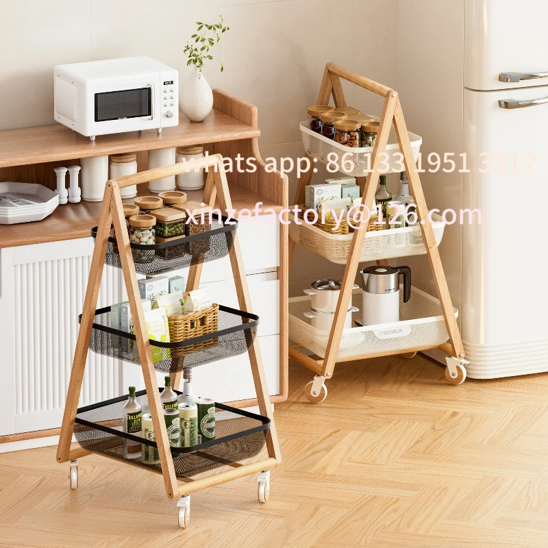 

Customizable solid wood movable trolley household storage rack