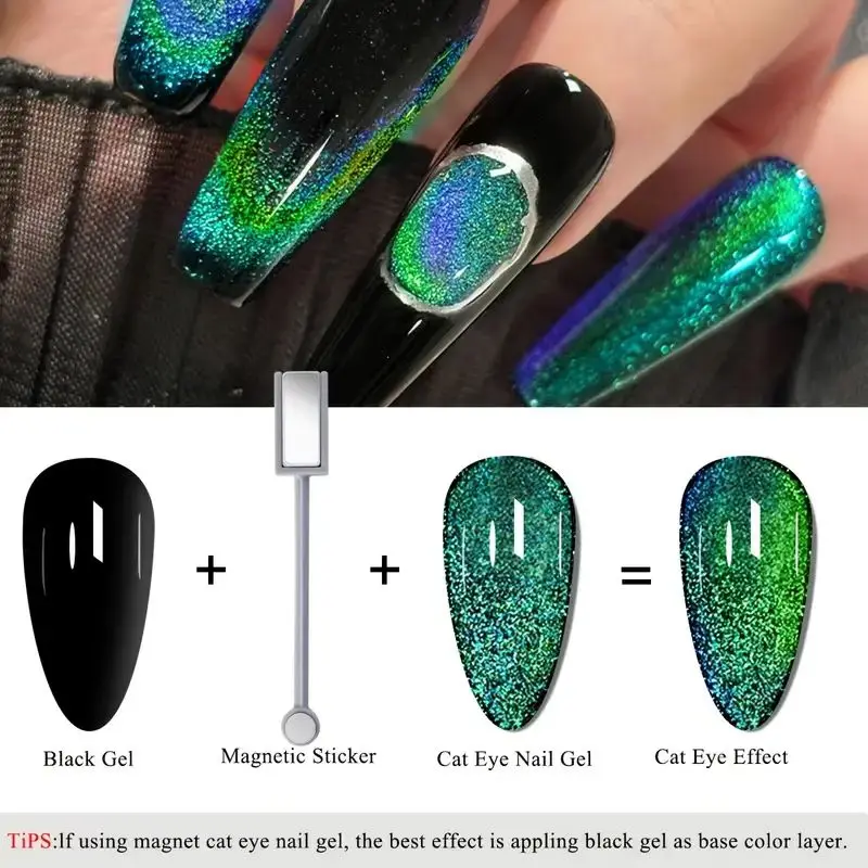 Faandin 7ml*1 Bottle, Seven-Color Changing Peacock Cat Eye Gel Nail Polish, with Black Base Color for Better Effect, Full Color, Not Easy to Peel Off, Long-Lasting Effect, Easy to Operate, Uv Lamp Quick-Drying, a Must-Have Item for Fashionable Ladies Attending Salons and Parties