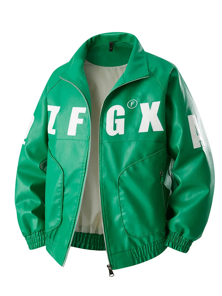 رجل سترة جلدية الخريف جديد رسالة مطبوعة الوقوف طوق طويلة الأكمام الرجال ملابس خارجية دراجة نارية فاسق فضفاض الذكور Bomber معطف