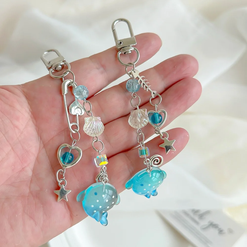 Y2k Unique Beaded Mobile Phone Chain Ins Simulation Marine Shark Keychain Fish Charm Keyring Gilrs Gifts Bag Pendant