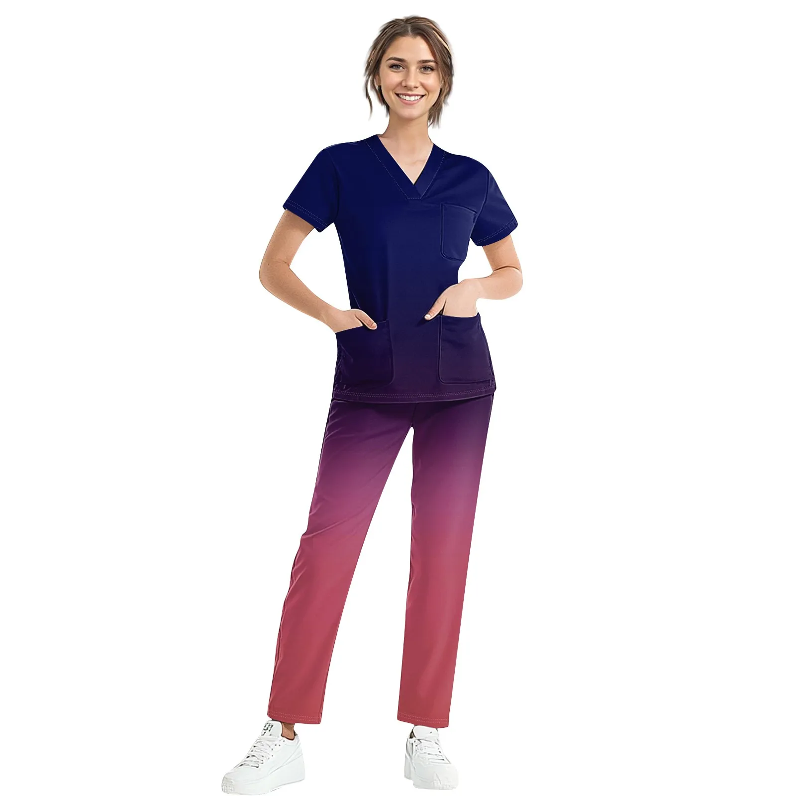 ชุดเครื่องแบบทางการแพทย์ของผู้หญิงชุดสครับขัดแบบเข้ารูปเสื้อทรงตรงกางเกงพยาบาลอุปกรณ์เสริมเสื้อผ้าสำหรับร้านเสริมสวยคลินิกทันตกรรม