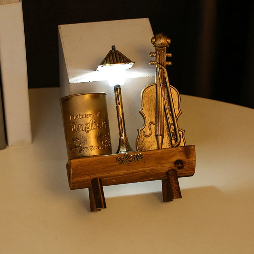 

Violin Shaped Night Light Pen Holder Desk Organizer Stationery Storage Container Vintage Style Lamp for Bedroom Living Room