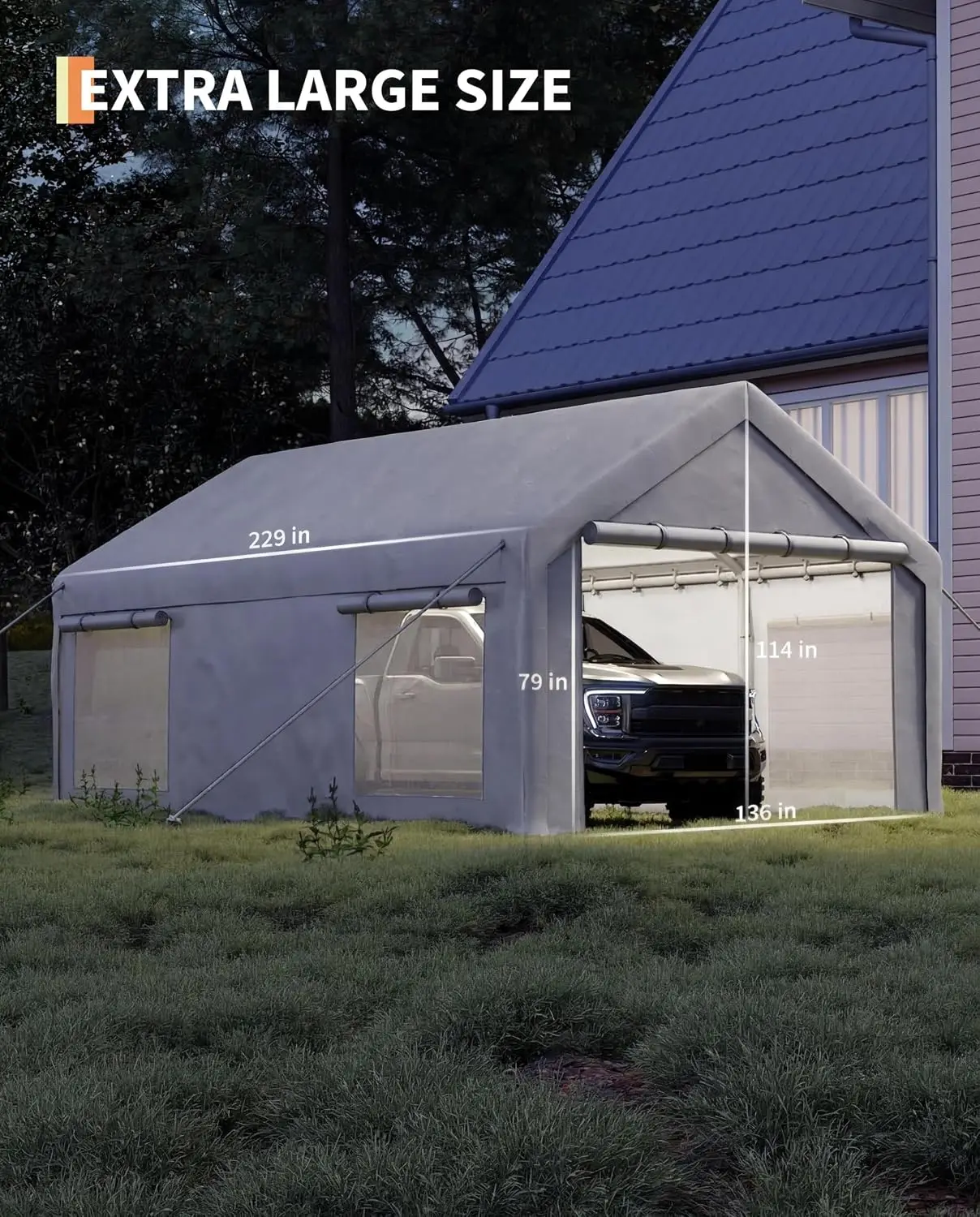 12x20 ft Portable Garage, Car Port with 200 g PE Tarp Canopy, with 2 Roll-Up Doors and 4 Windows, for Temporary, Customized