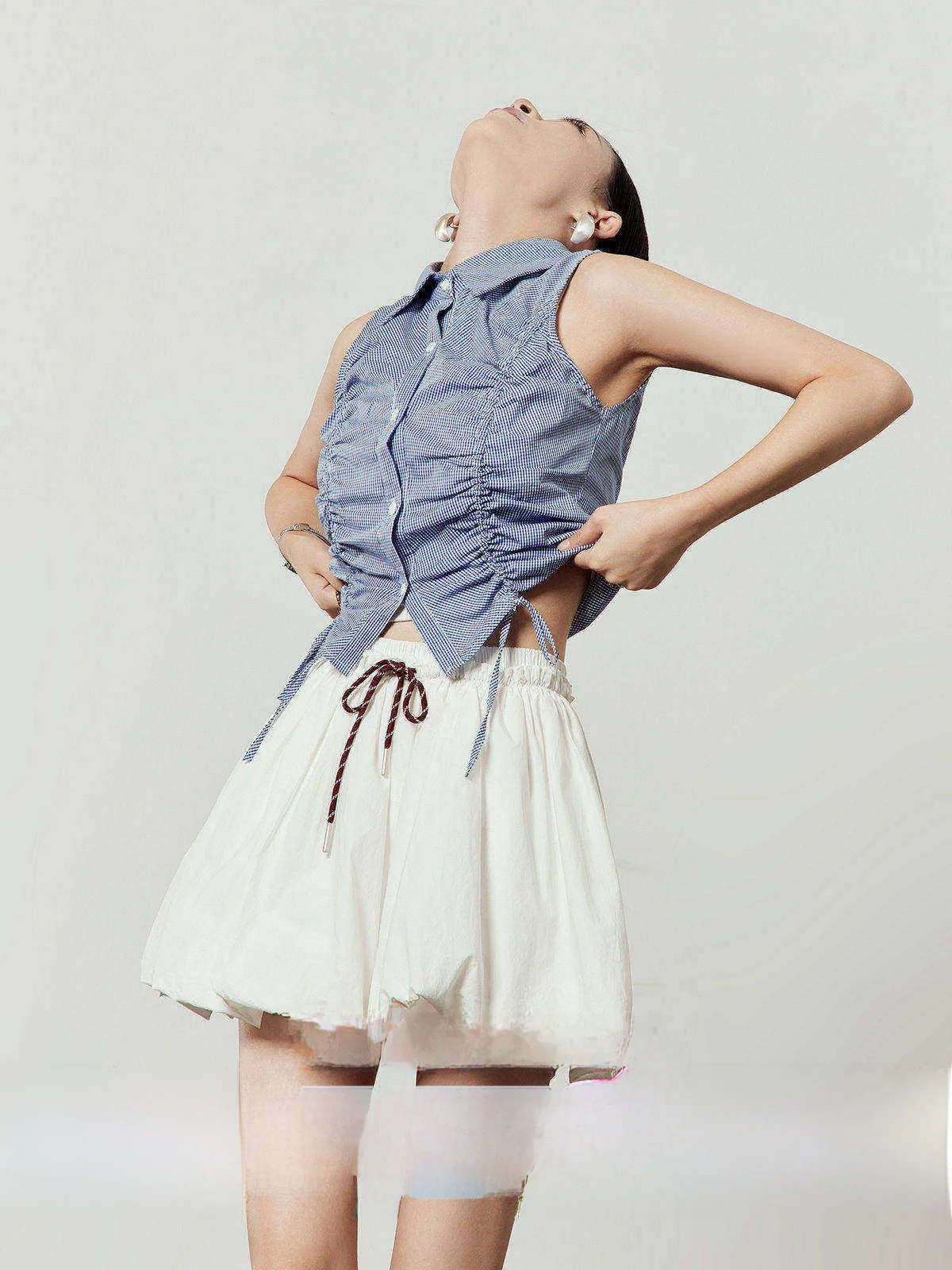 

Blue White Plaid Svel irt Women's Summer New Folded Design Simple Aosphere Top Zhou Li Wu Commute Sle Slim Fit