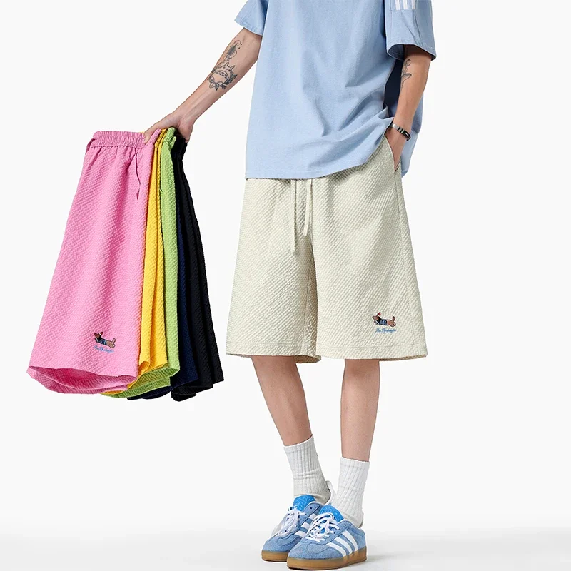 

New Dopamine Little Dog Embroidery Shorts Unisex Summer Knee-Length Sports Five-Point Pants Couple Beach Vacation Beach Pants