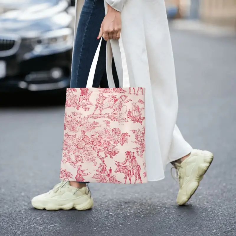 Custom Red And White Toile De Jouy Shopping Canvas Bags Women Recycling Groceries Shopper Tote Bags