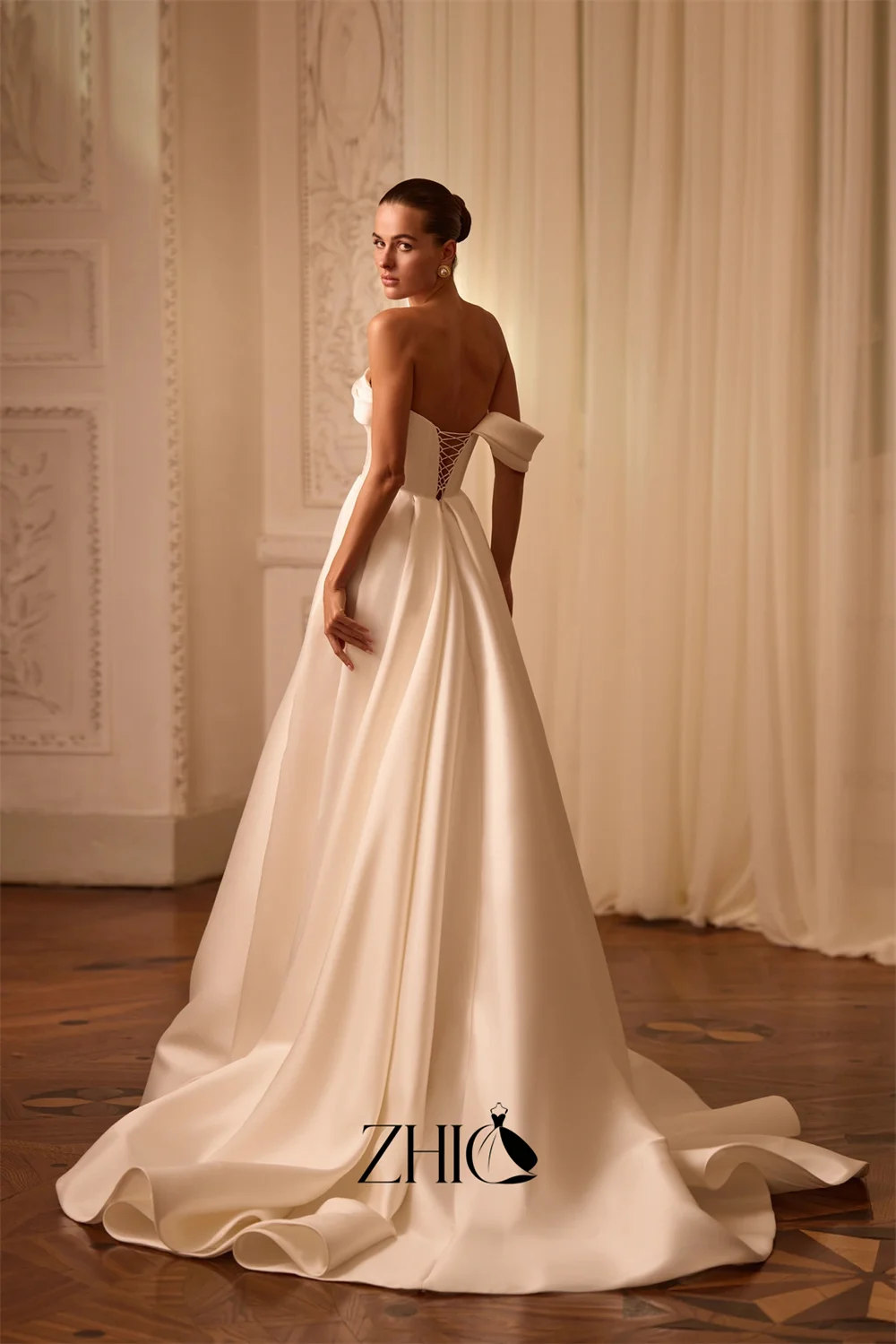 ZHIO Vintage One-Shoulder A Line Wedding Dress Strapless Satin Corset High Slit Train Evening Gowns Vestidos De Novia Customized