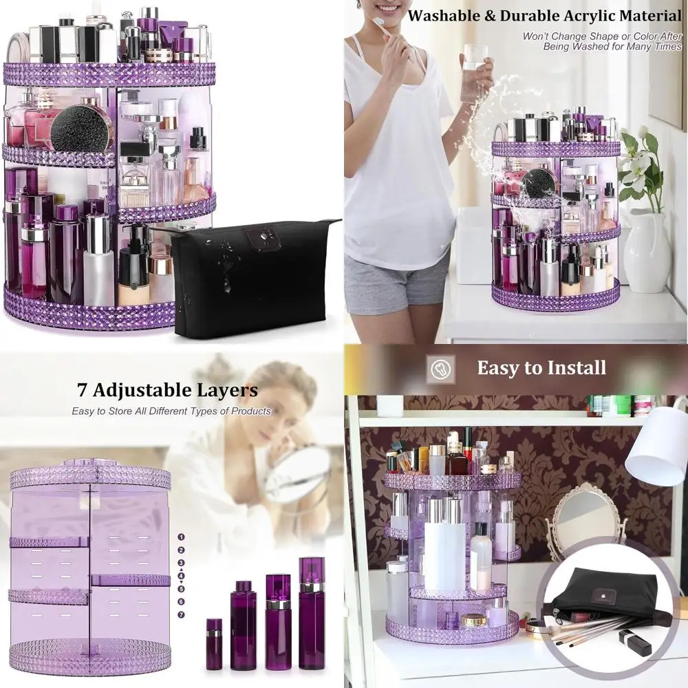 

360-Degree Swivel Large Capacity Makeup Organizer, Adjustable 7-Tier Storage for Plus Size Cosmetics and Accessories with Bag