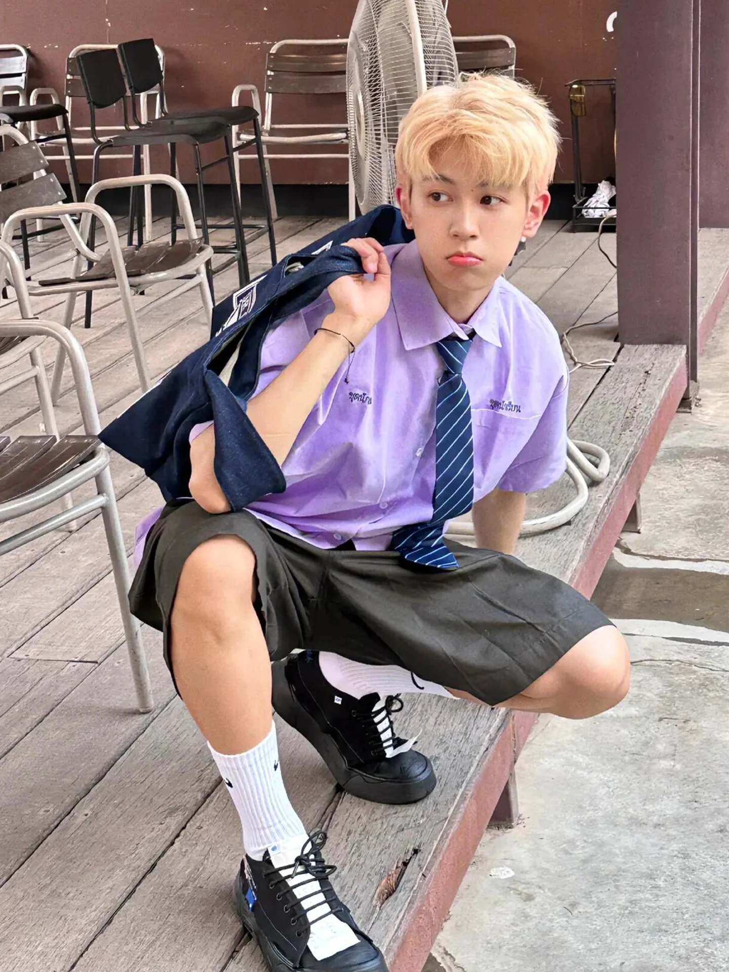 Light Purple Short Sleeve Men's Casual Shirt Tie Summer Thin High-End Feeling Cool Teenage Casual Student Button-Up Shirt