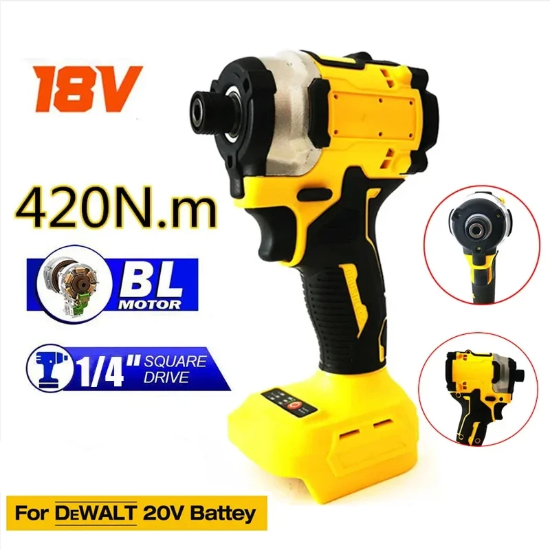 420N.m Brushless Impact Driver Cordless Electric Screwdriver Drill 4-Speed 1/4-Inch Hex 3-LED Light for Dewalt 20v Battery