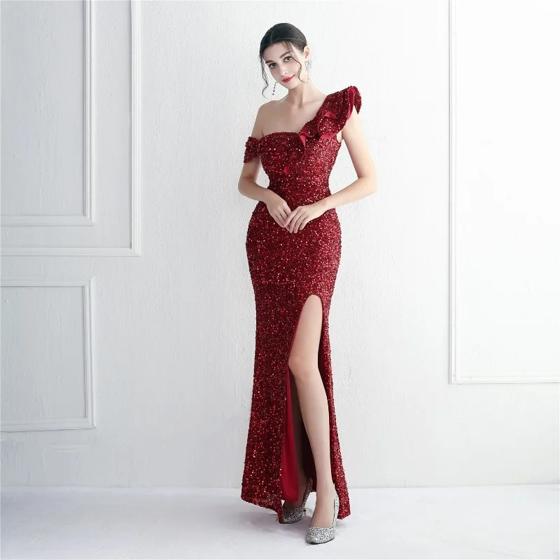 Robe en queue de poisson à paillettes à manches longues pour femmes, faite à la main, perle, fil artisanal, style de banquet socialite, robe sexy à fente haute