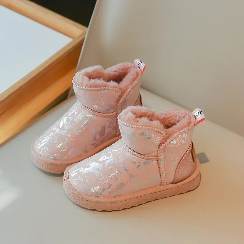 2024 Girls Leather Warm Snow Boots Children Boys Baby Kids Autumn Winter Plush Fashion Boots Waterproof Casual Shoes Schuhe