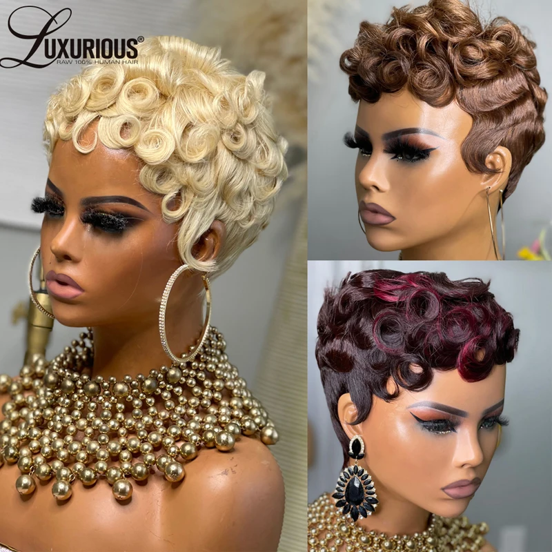 

Светлый парик 613, стрижка пикси, из натуральных волос, короткий боб, полностью машинной работы, с челкой, из бразильских волос, для женщин, плотность 180%