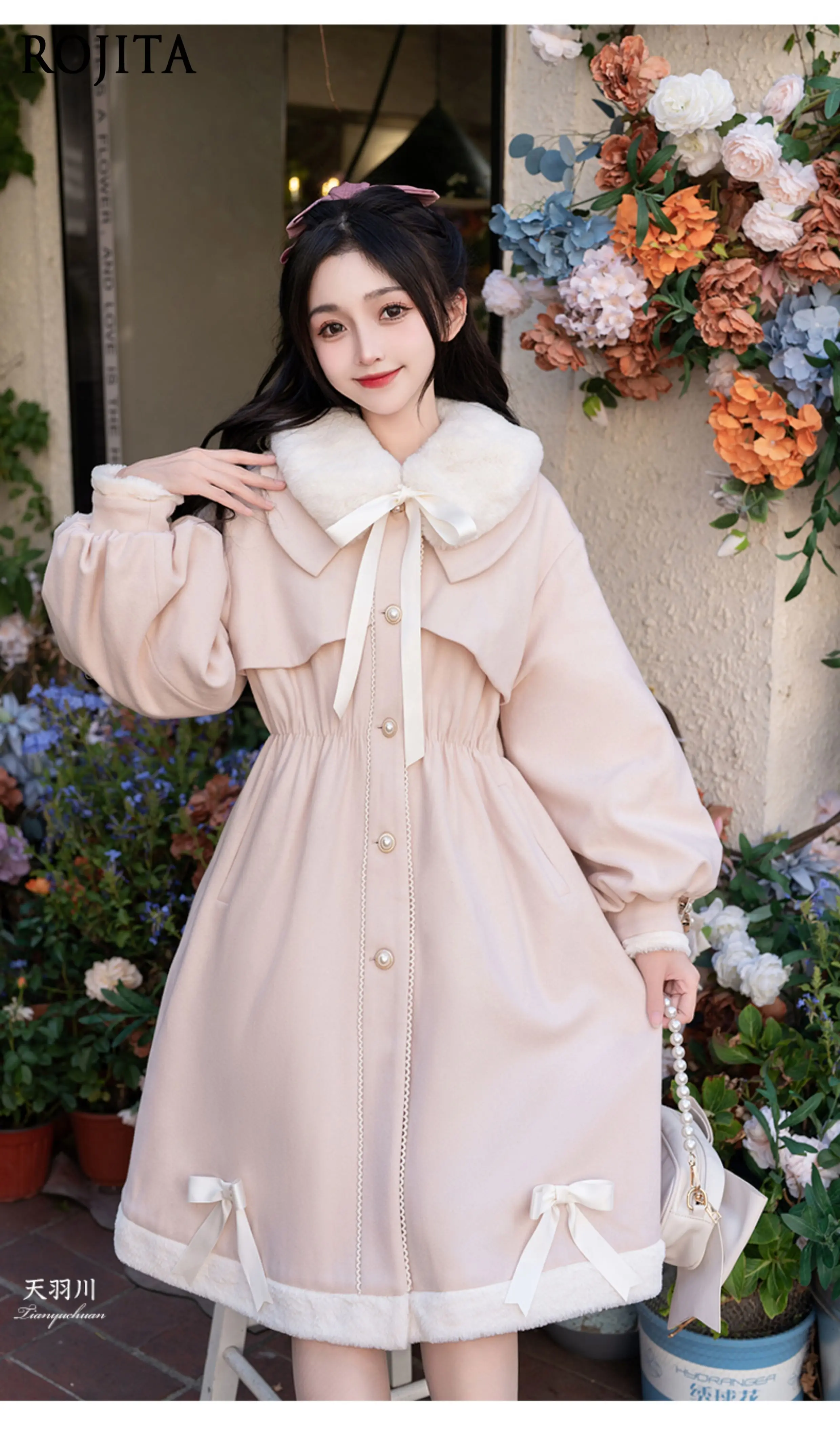 Sweet Lolita Wool Coat Faux Fur Collar Bow Pearl Button Puff Sleeve Cinched Waist Winter Long Overcoat for Women
