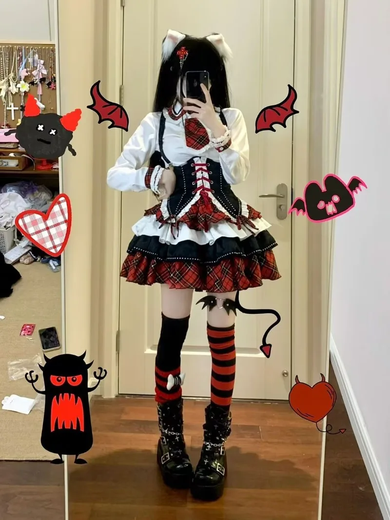 

Autumn Temperament Subculture Long Sleeved Patchwork Shirt Tie Waist High Waisted Multi-layer Fluffy Skirt Spicy Girl Design Set