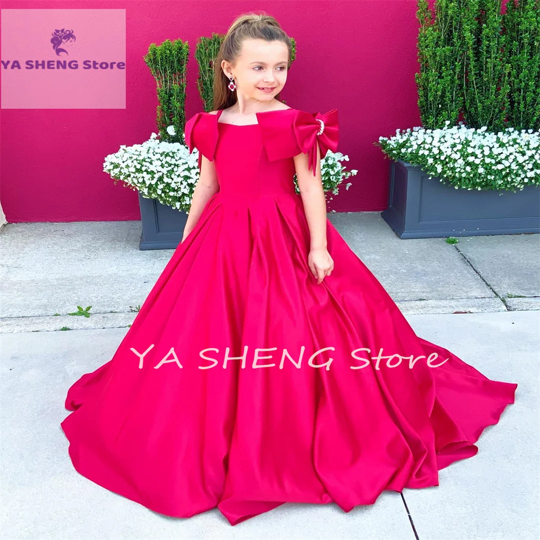 ثوب حفلة ثنيات دوقة من الساتان للأطفال الصغار لعيد الميلاد على شكل زهرة للفتيات فستان بفيونكة وجيب للحفلات الرسمية للأطفال المراهقين المائي