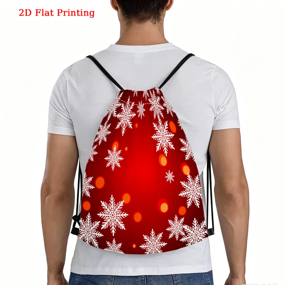 Festive Style, Drawstring Backpack, 2D Flat Printing Red Snowflake Pattern, Gym Sports Backpack, Outdoor Travel Drawstring Bag