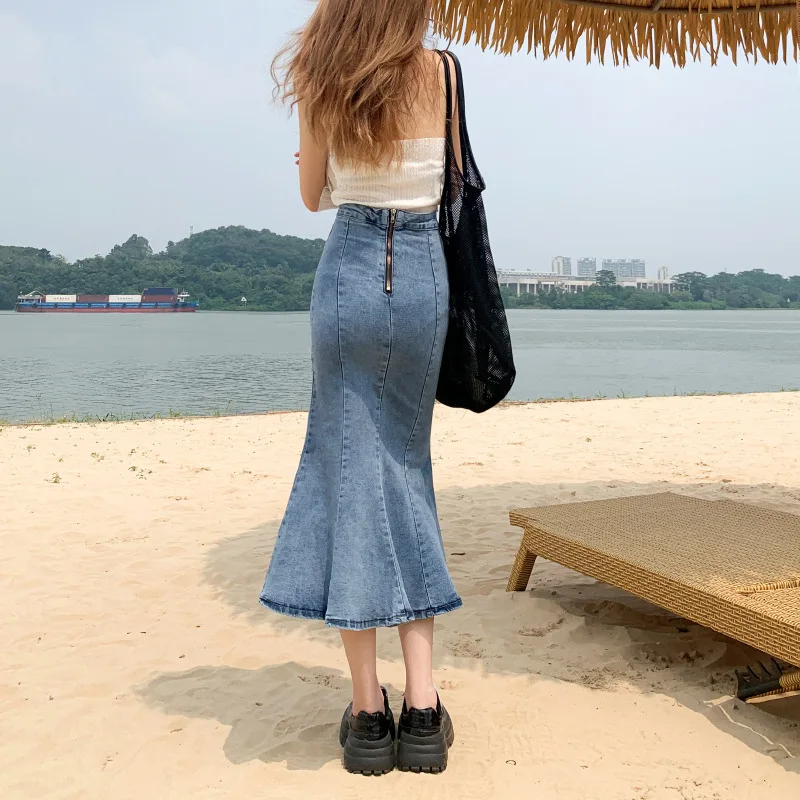 

Women Clothing Denim Slit Half Skirt 2023 New Spring Summer High Waisted Mid Length Spice Girl Casual Simple Sexy Women Skirt