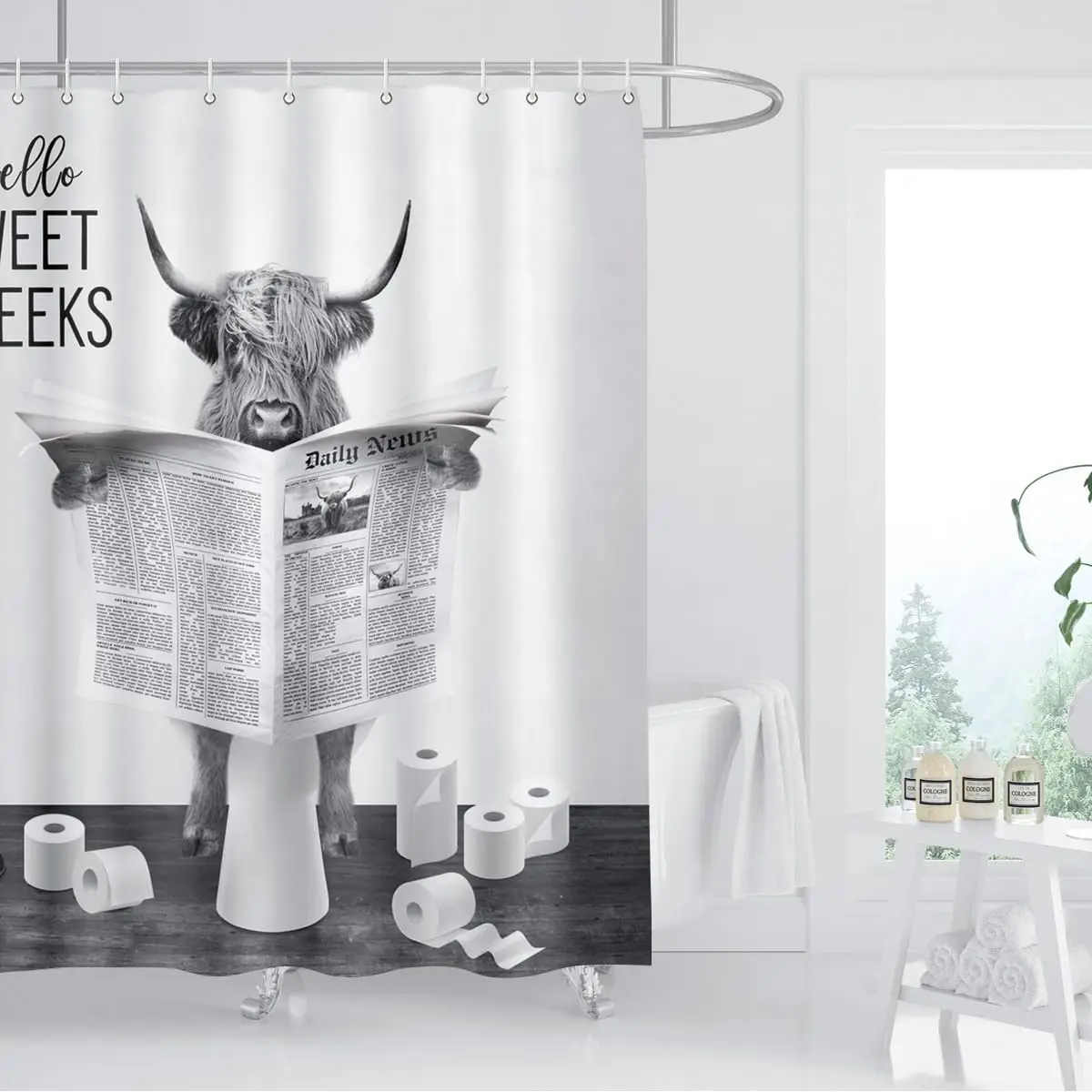 Highland Cow Reading Newspaper Shower Curtain Funny Black and White Cattle on Toilet Humor Animals Rustic Farmhouse Style
