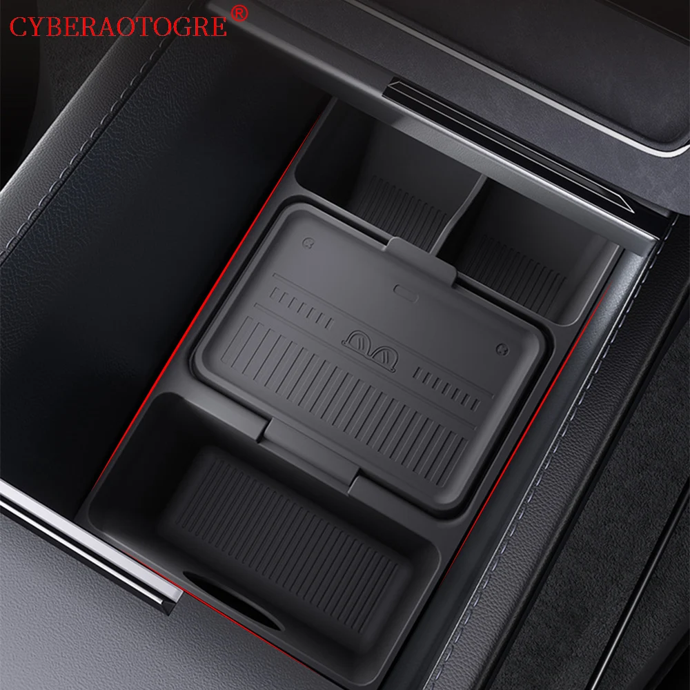 

For Tesla Model Y Juniper 2025 Center Console Organizer Tray Dual-Layer Armrest Storage Insert With Hidden Box Eyeglass Case Box
