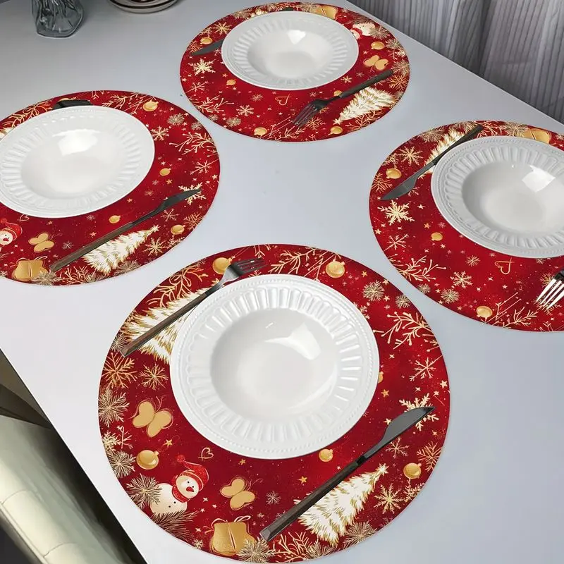 VIKAMA Golden Holiday Tree Snowman Round Placemat Crimson Backdrop Fir Gift Heart Snowflake Festive Table Mat Trendy Art Soft