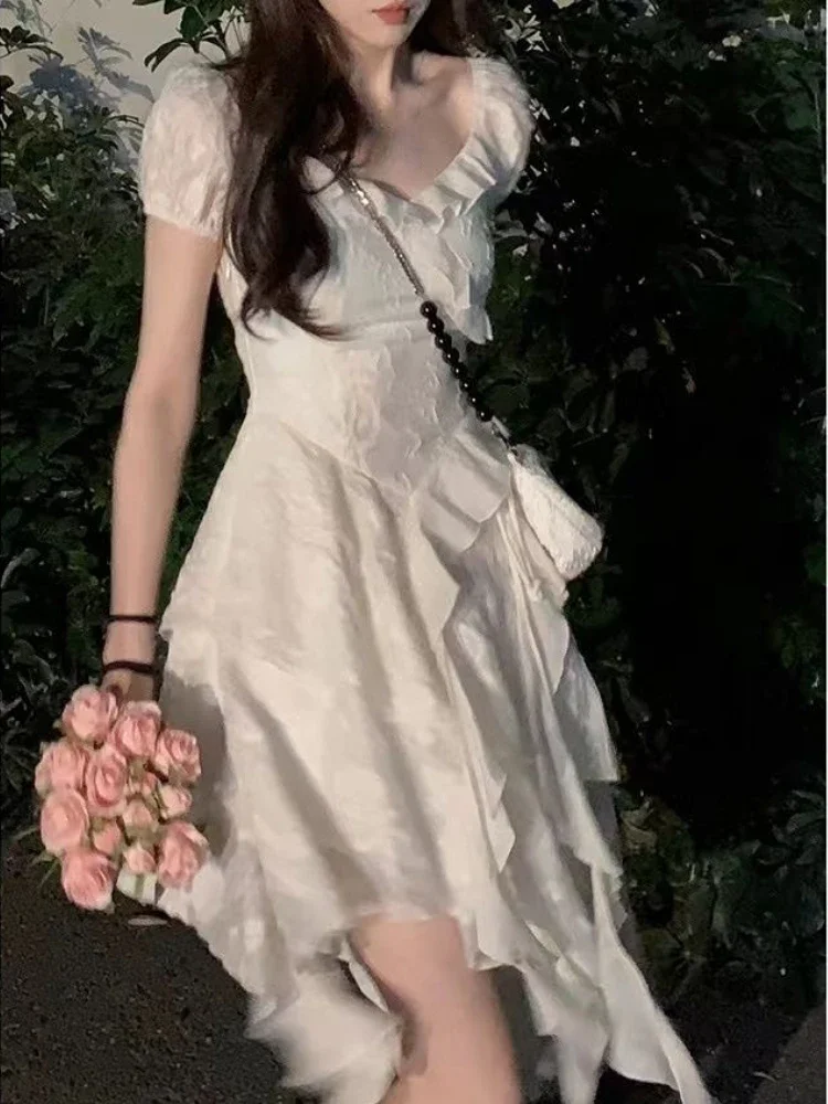 

French Sweet Women Chiffon Mesh Dress Vintage Lolita Style Irregular Chiffon Princess Mini Dress Slim Puff Sleeve Fairy Dress