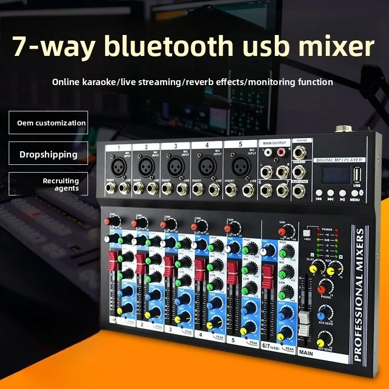 7-Channel Bluetooth USB Audio Mixer with Reverb Effect for Stage Wedding Performance Live Streaming and Mobile Singing