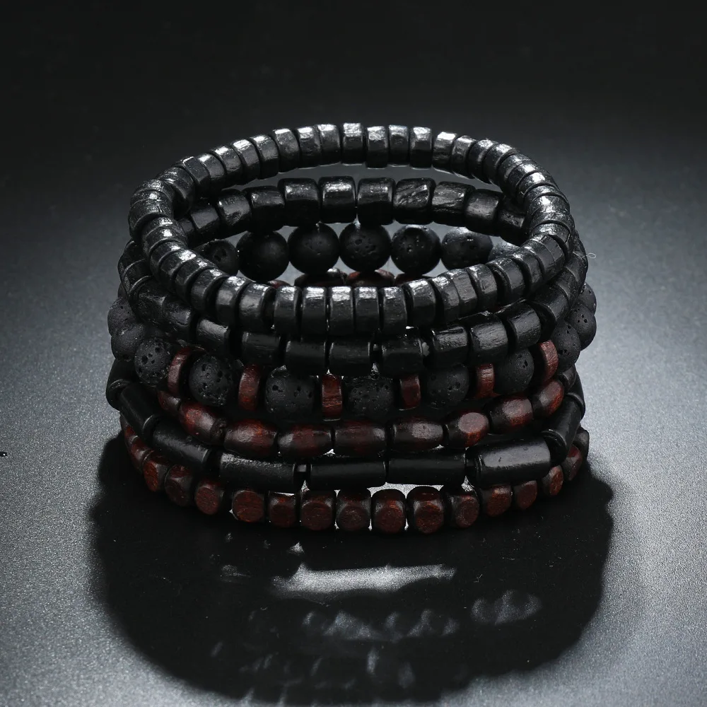 Bracelets For Men Retro Style Multi-layer Elastic Line Beaded Wooden Beads Jewelry, Hand-made Wave Set Bracelet