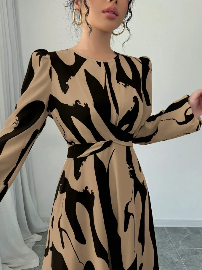 Khaki Black Abstract Wave Pattern Round Neck Long Sleeve Waist-Cinched A-Line Mid-Length Dress for Work and Parties, Elegant Dress