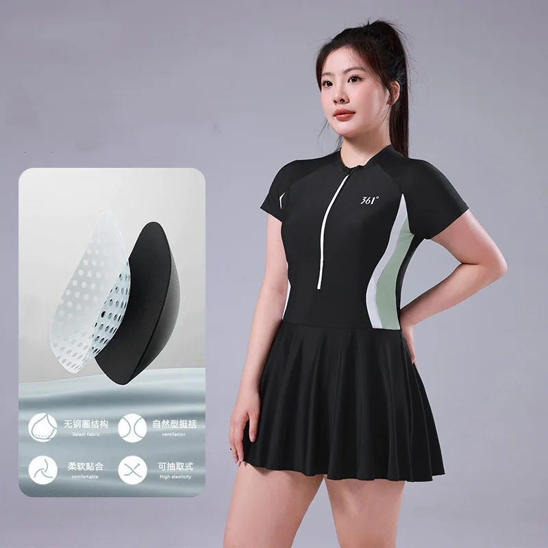 Women One Piece Short Sleeve Quick-Drying Spandex Beach Swim Skirt Plus Size Front Zip Professional WaterProof Bathing SwimWear