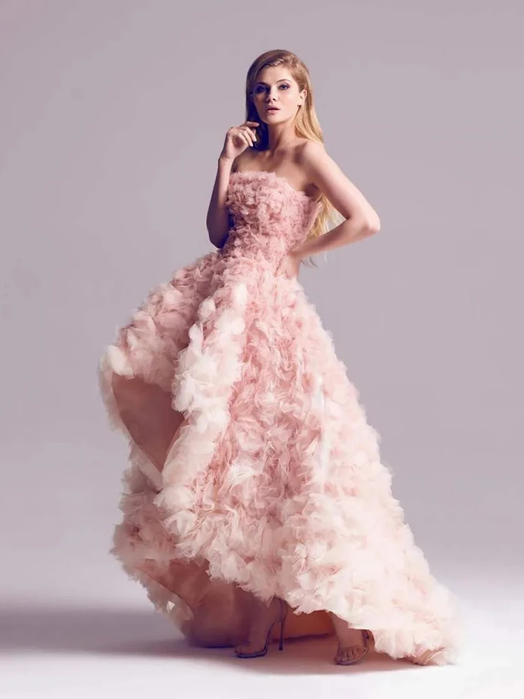 Blush High Low Strapless Neckline Ruffles A-Line Tulle Sleeveless Formal Wedding Guest Evening Prom Dresses Summer 2023