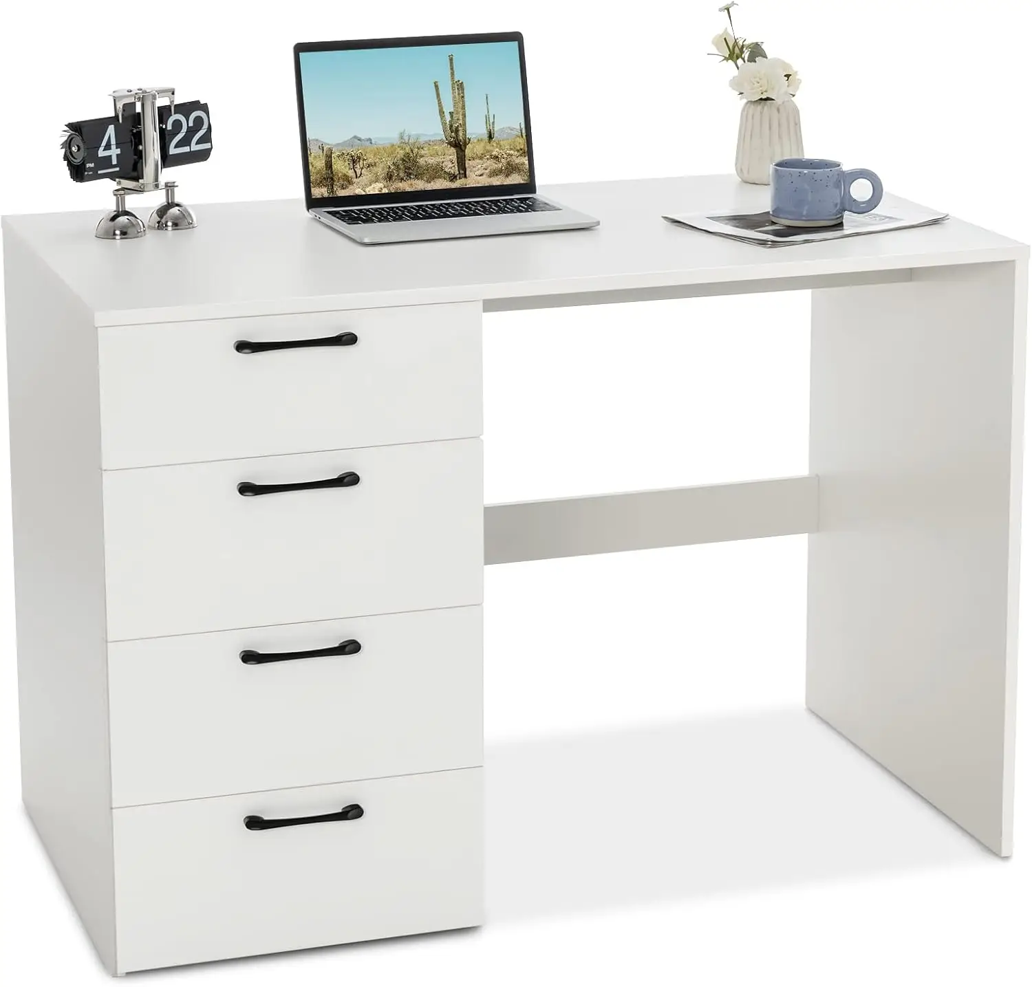 

White Desk with 4 Storage Drawers, Home Office Writing Desk, Modern Executive Desk, Laptop PC Desk, Vanity Makeup Table