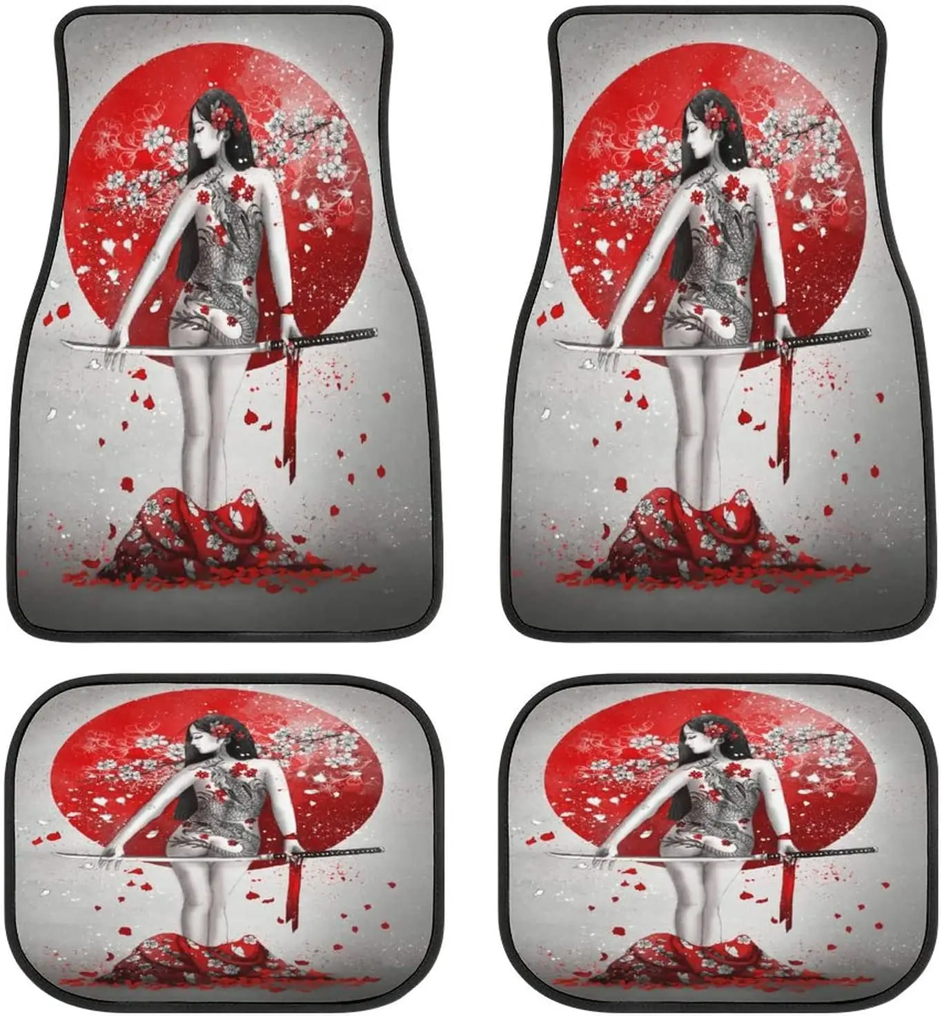 Geisha Sexy Girl Samurai Sword Car Mats Front&Rear 4-Piece Full Set Carpet Car SUV Truck Floor Mats with Non Slip Back