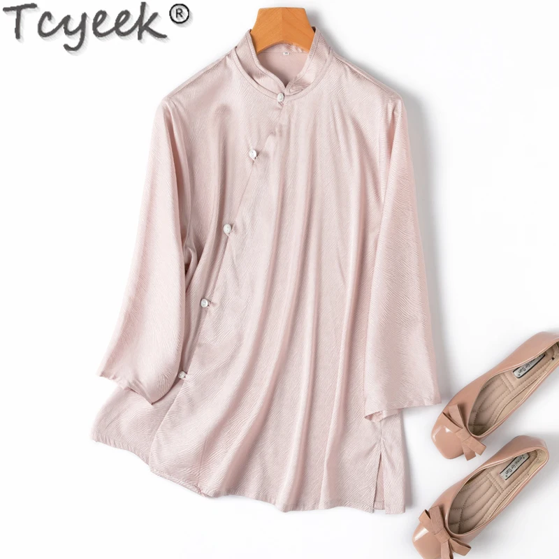 Tcyeek 93% Mulberry Silk Shirt for Women 2024 Elegant Women's Shirts Spring Summer Clothes Loose Fit Womens Tops Рубашка Женская