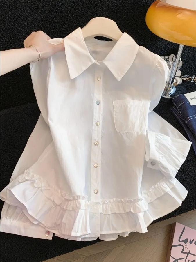 

Ele White Long Sve Ne irt Women's Loose Design Sensation Wooden Hemline Spring Faion Cotton Top