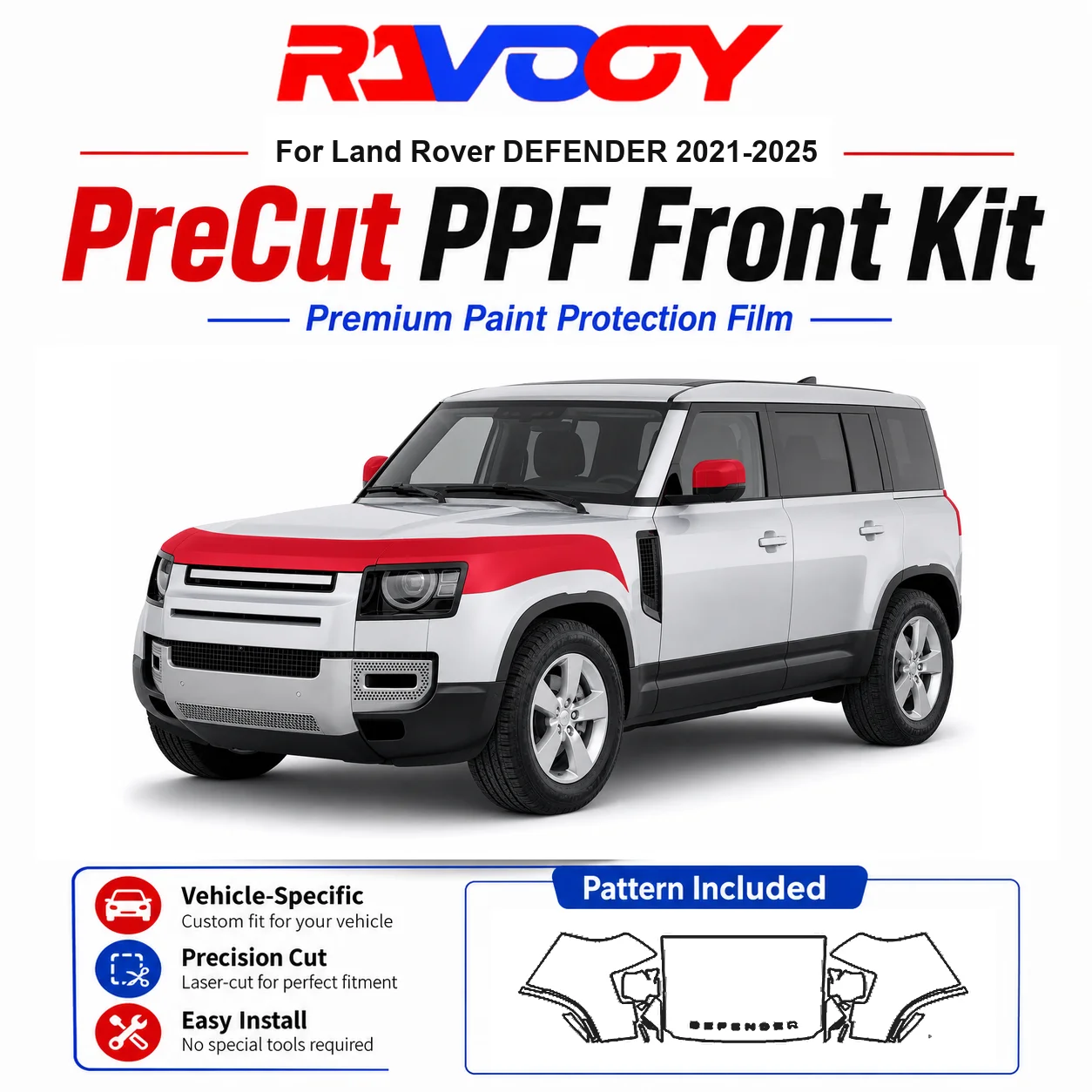 

8.5mil TPU Precut PPF Kit For Land Rover DEFENDER 2021-2025 - Hood, Fenders & Mirror Set - Self-Healing Clear Bra Film