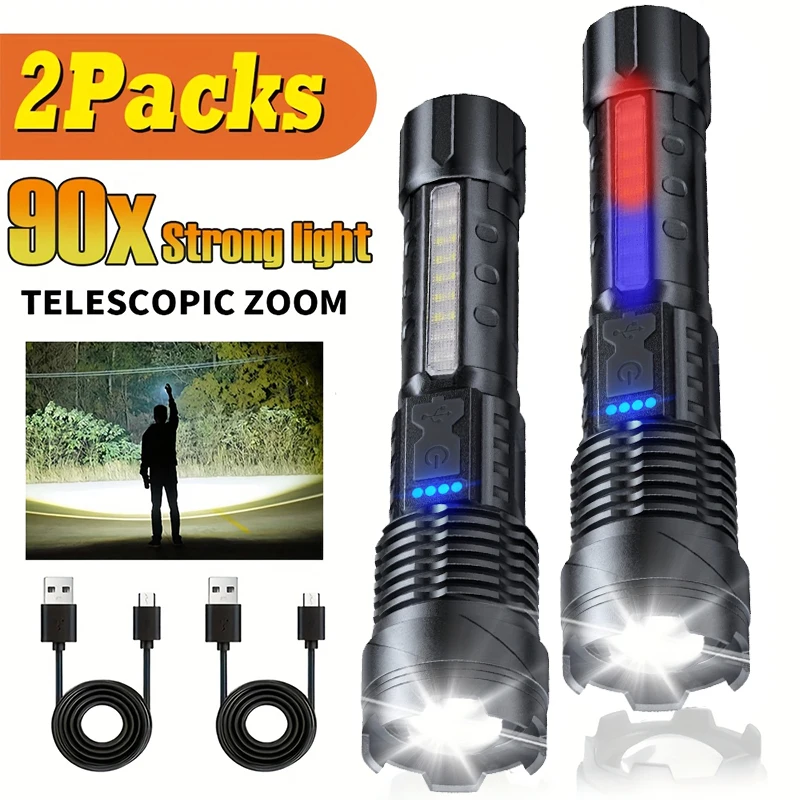 

Powerful LED Flashlights Type-c Rechargeable Telescopic Zoom Tactical Torch Built-in Battery for Camping Emergency Lamp