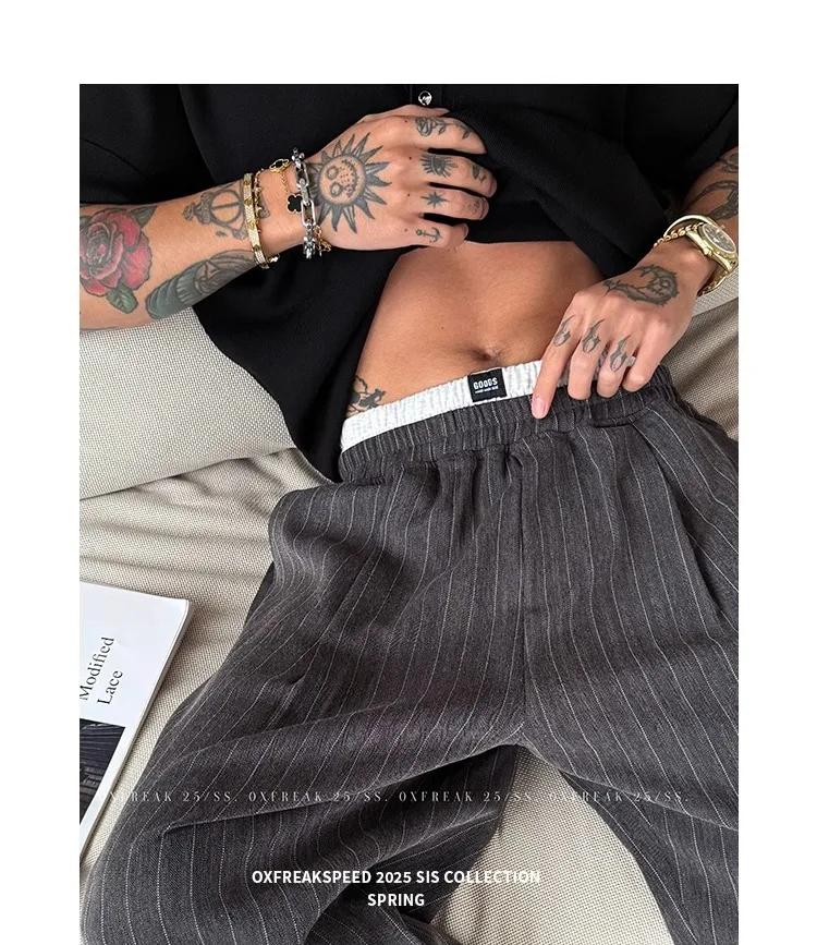 Spring Autumn New Style Men's Loose Fit Straight Leg Stripe Elastic Waist Casual Pants Korean Wide Leg Trendy Brand