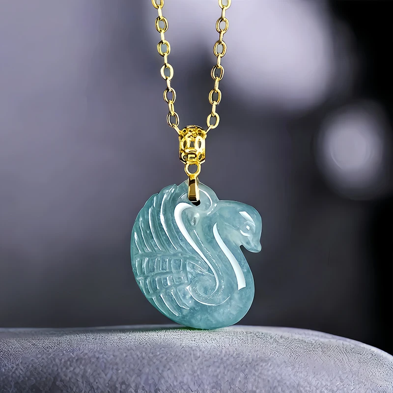 

Blue Myanmar Jadeite Swan Pendant Necklace 18K Gold Plated Choker Real Burmese Jade Fashion Gemstone Natural Jewelry Charm