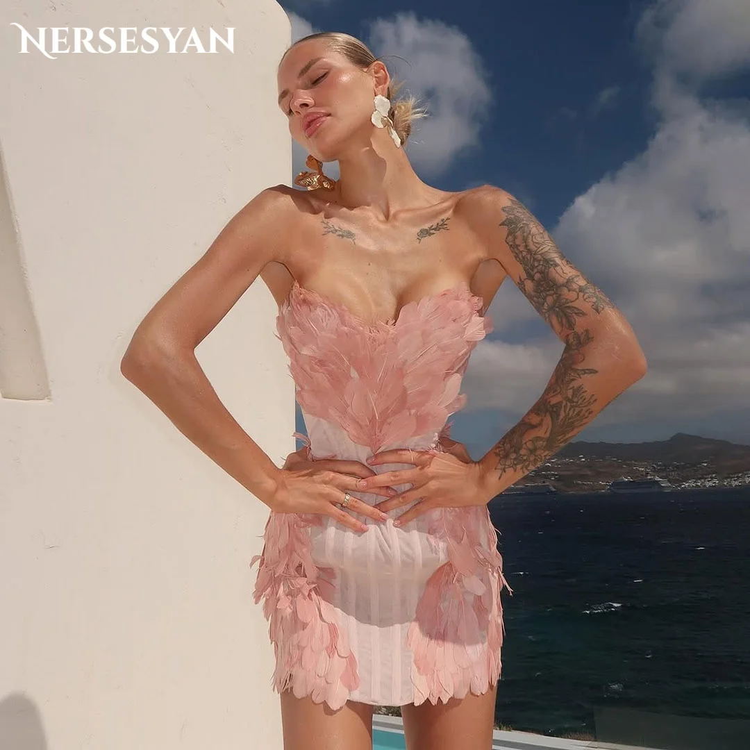 

Nersesyan Sexy Feather Blush Pink Prom Dresses Off Shoulder Corset Mini Dress Cocktail Party Gowns платье женское Customized