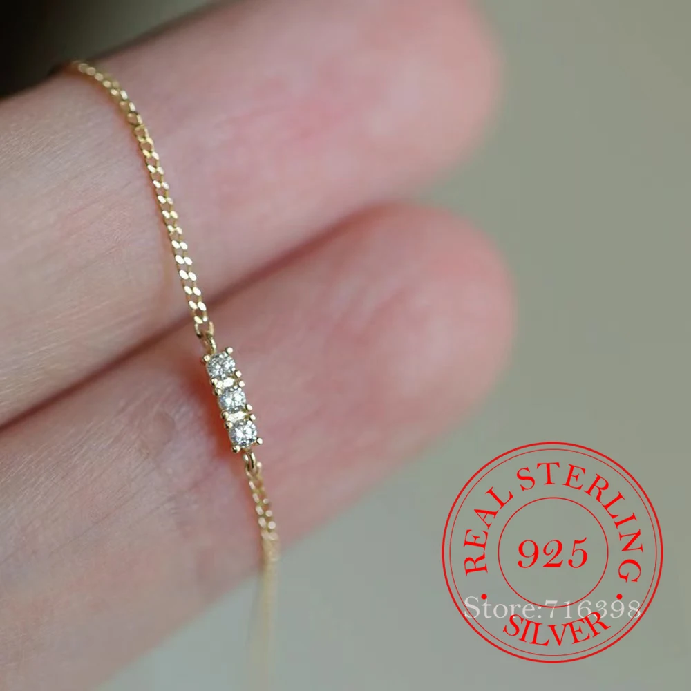 

Real Money 925 Sterling Silver 3 Zircon Crystal Charm Bracelet For Women Homme 18K Gold Wedding Engagement Party Jewelry Gift