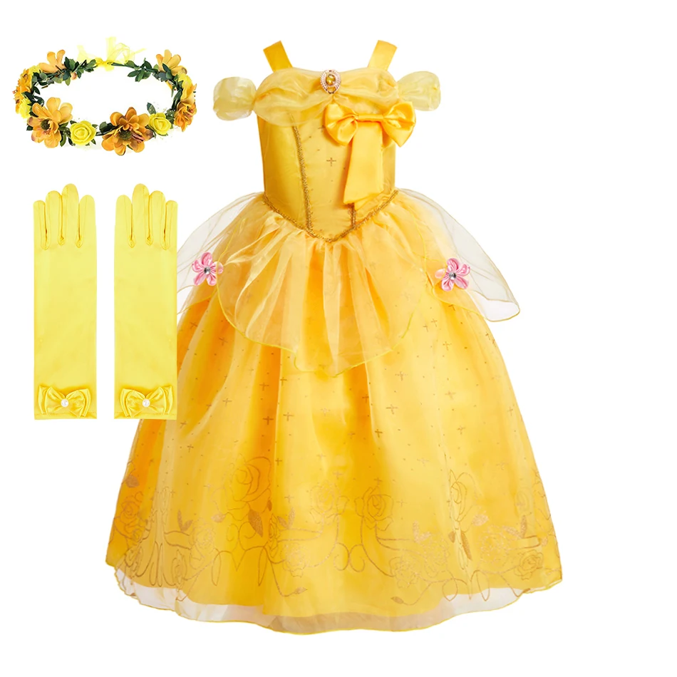 Girl Beauty and Beast Dress Kids Summer Birthday Flower Clothes Children Belle Dinner Bowknot Costume Cosplay Halloween Disguise