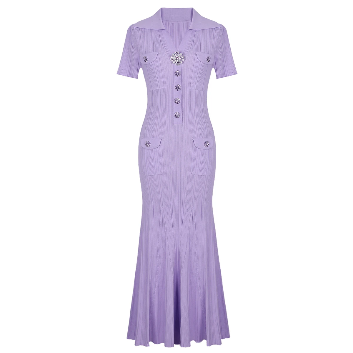 

Elastic Knit Lapel Short Sleeve Dress with Big Flower Button Slim Fit Fish Tail Hem Casual Women's Summer Dress
