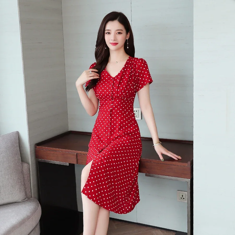 Summer Vintage Chiffon con scollo a v Sexy Midi Shirt Dress 2024 donne coreane elegante Dot Bodycon Boho Beach Sundress Party Red Vestidos