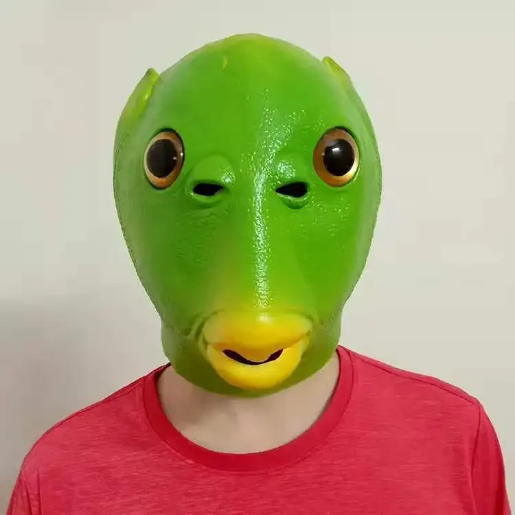 Weird fish head cover green fish man mask halloween funny cos party latex animal fish head props