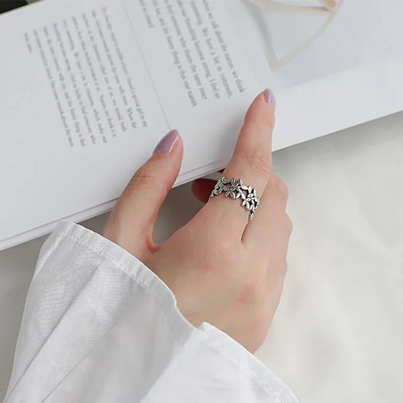 Bohemian 925 Sterling Silver Wreath Leaf Rings for Women Girls Fashion Statement Jewelry Adjustable Finger Ring Girls Gifts