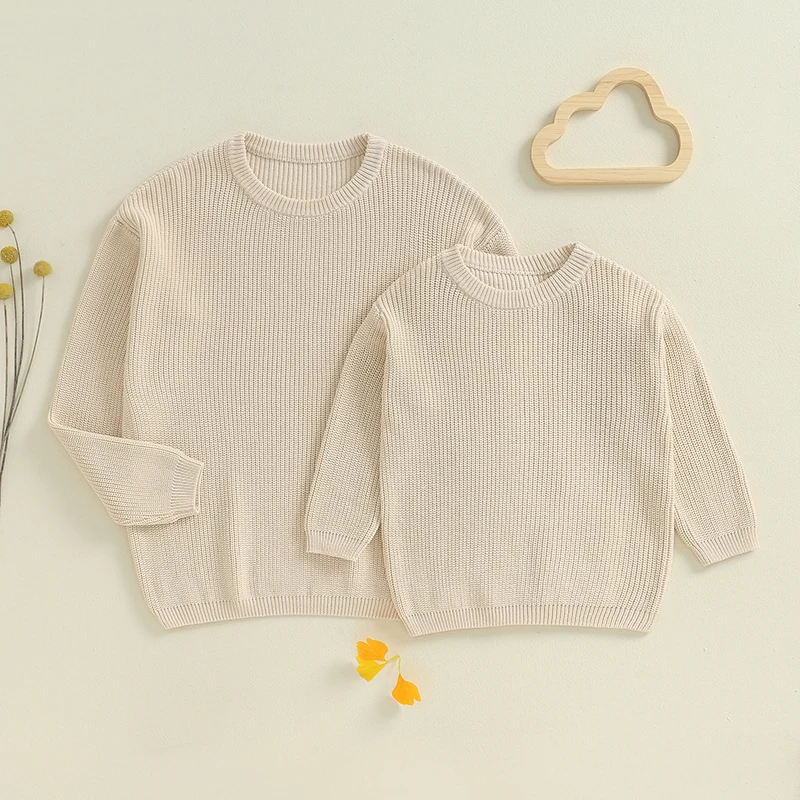 Autumn Winter Fashion Mommy and Me Matching Sweaters Solid Color Ribbed Long Sleeve Round Neck Chunky Knit Tops