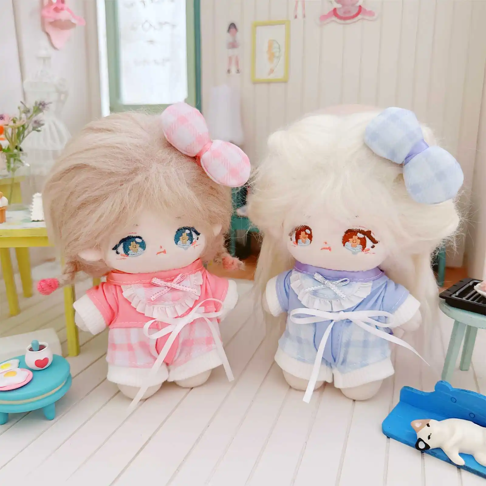 Cute Plush Cotton Pajamas Suit, Kawaii Idol Doll Clothes, Cute Pajamas, Pink and Blue, Kids Collection, Fans Gifts, 10cm, 3Pcs